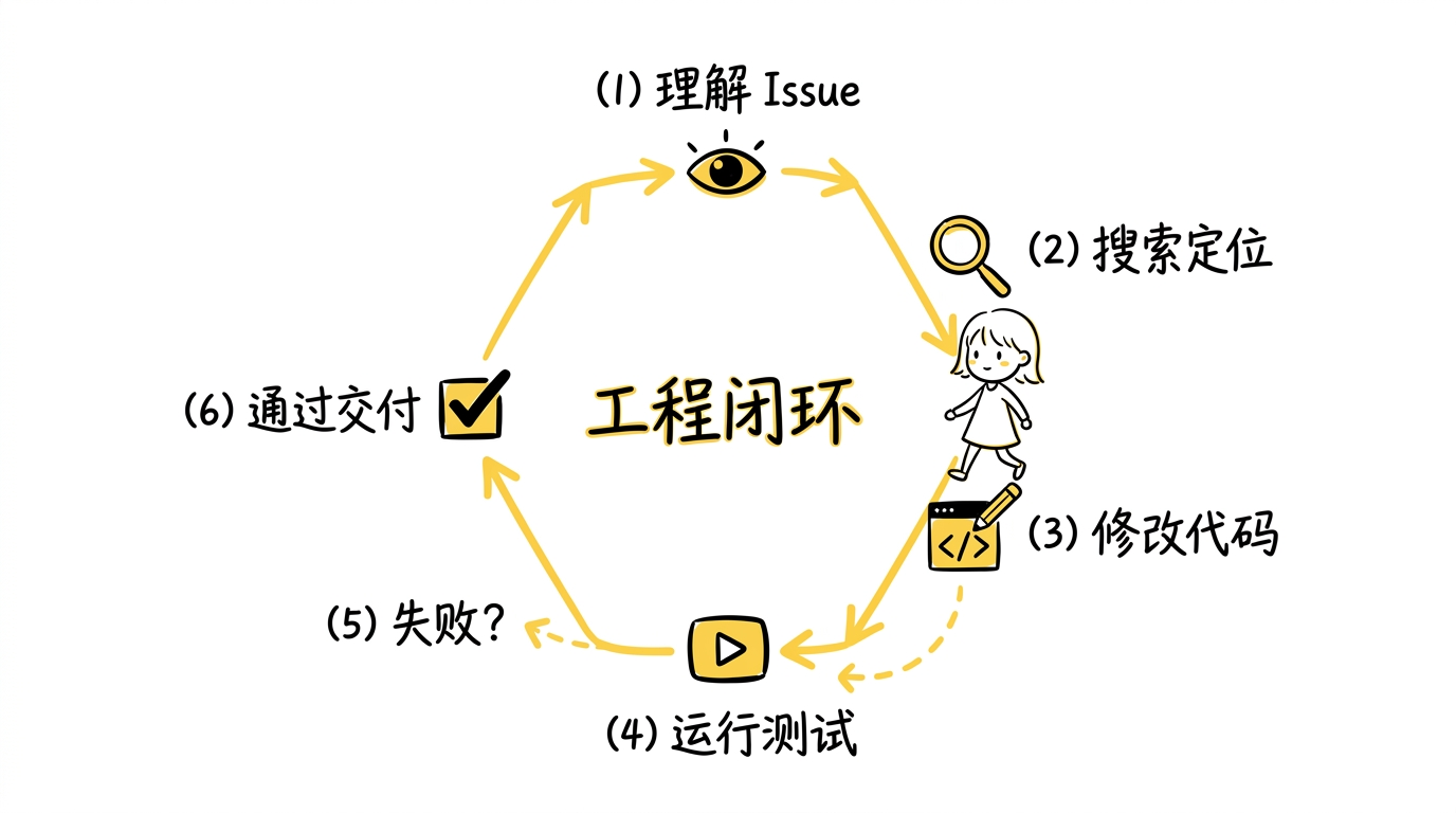 SWE-agent 的工程闭环:理解 Issue → 搜索定位 → 修改代码 → 运行测试 → 修复 → 交付