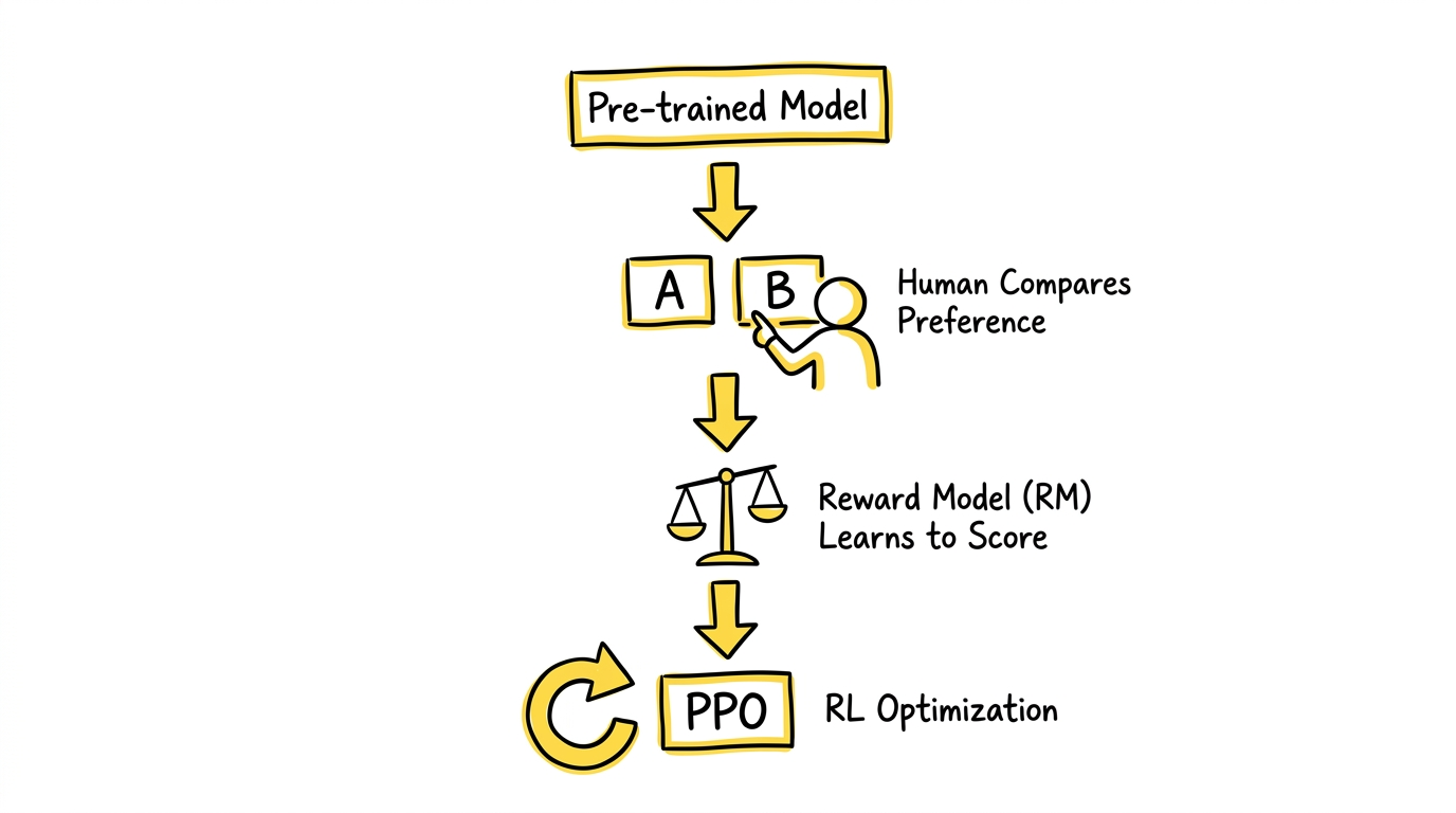 RLHF pipeline: Pre-trained Model → Human Compares Preference → Reward Model → PPO RL Optimization