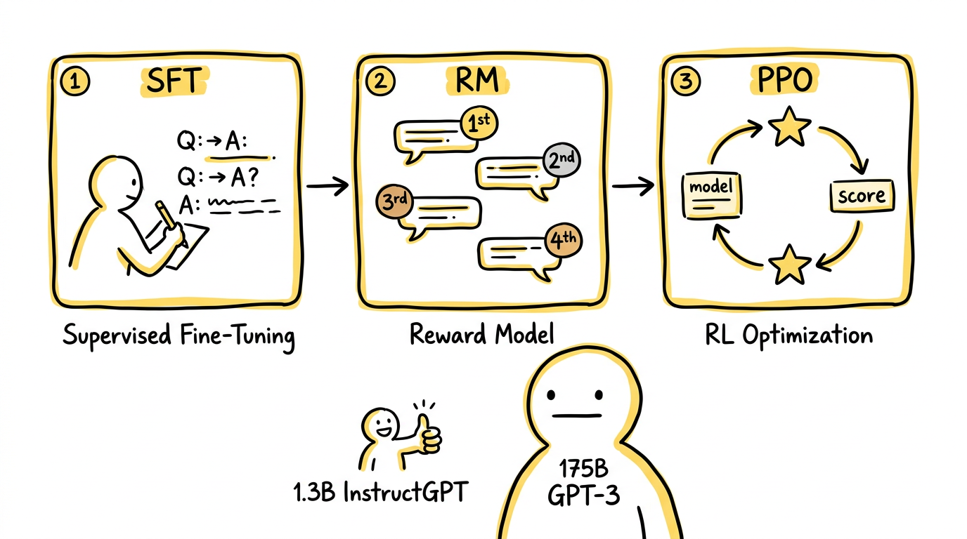 InstructGPT three-stage pipeline: SFT → RM → PPO, with 1.3B InstructGPT vs 175B GPT-3 comparison